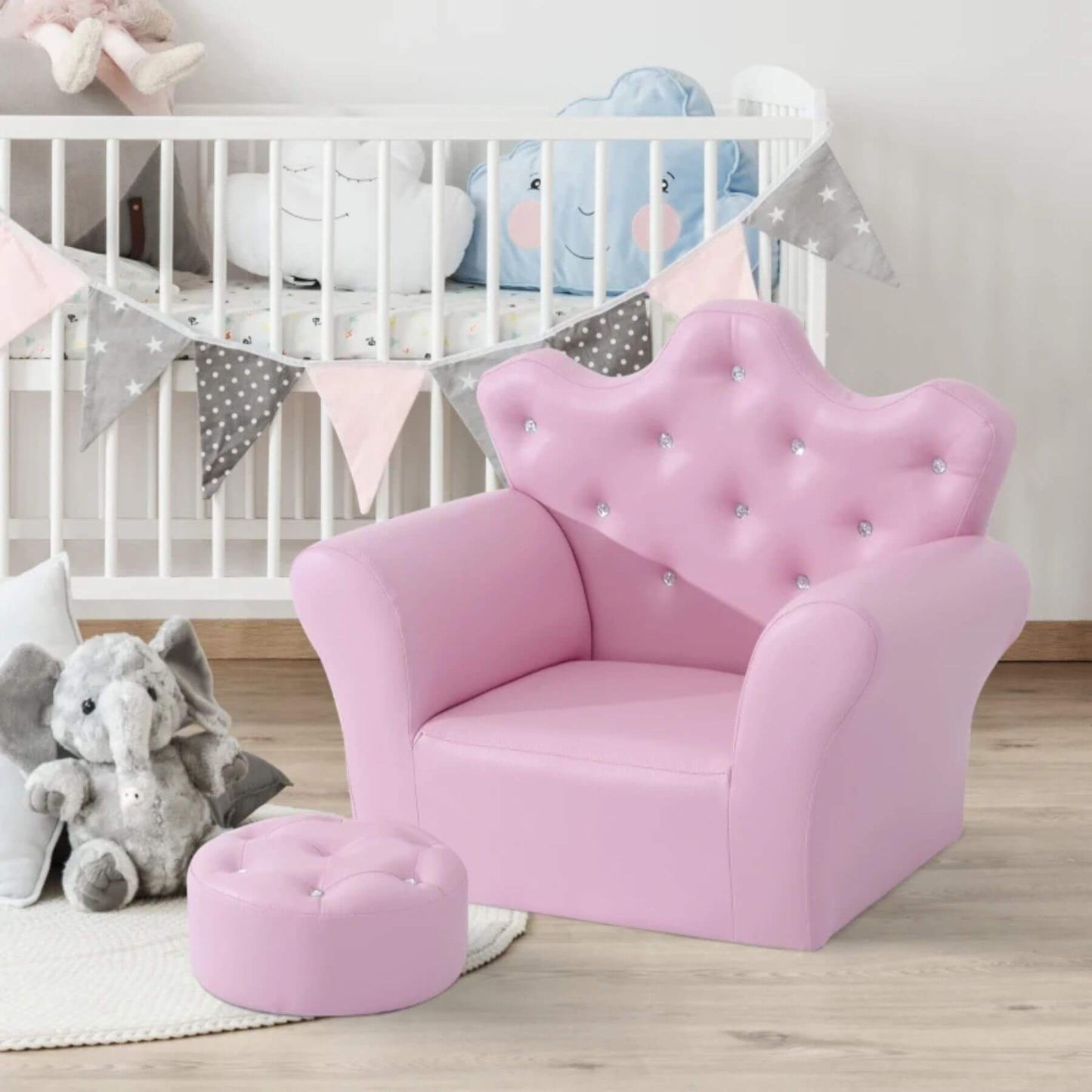 Qaba Kids Sofa Set with Footstool, Princess Sofa with Diamond Decoration, Pink