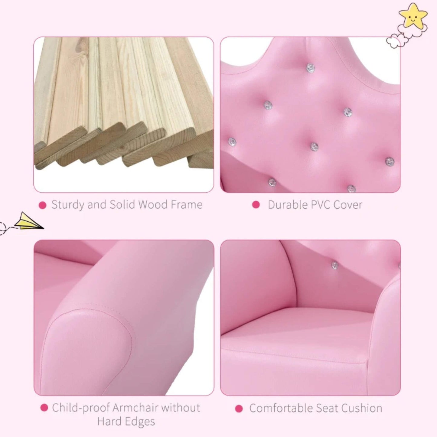 Details of Qaba Kids Sofa Set with Footstool, Princess Sofa with Diamond Decoration, Pink