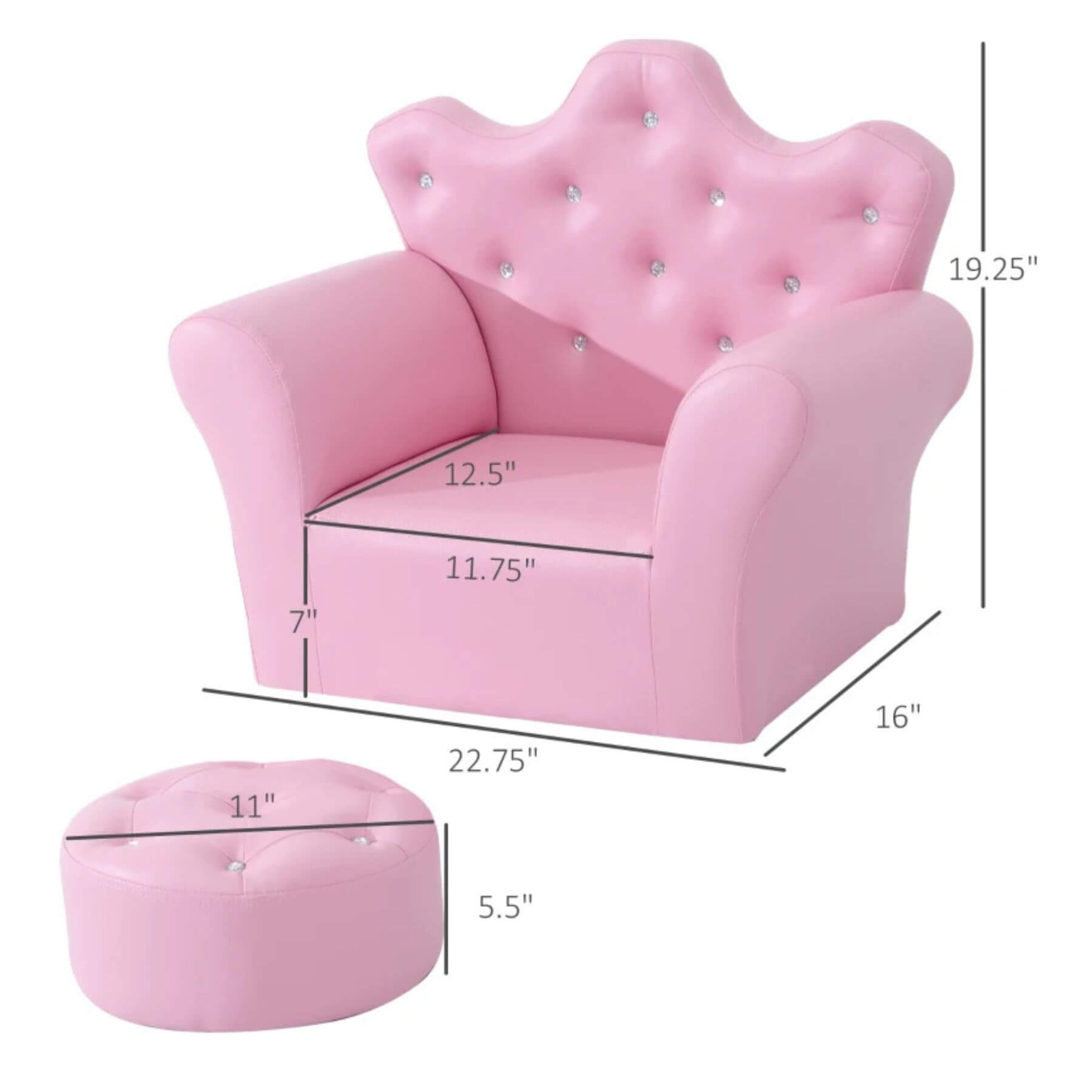 Qaba Kids Sofa Set with Footstool, Princess Sofa with Diamond Decoration, Pink