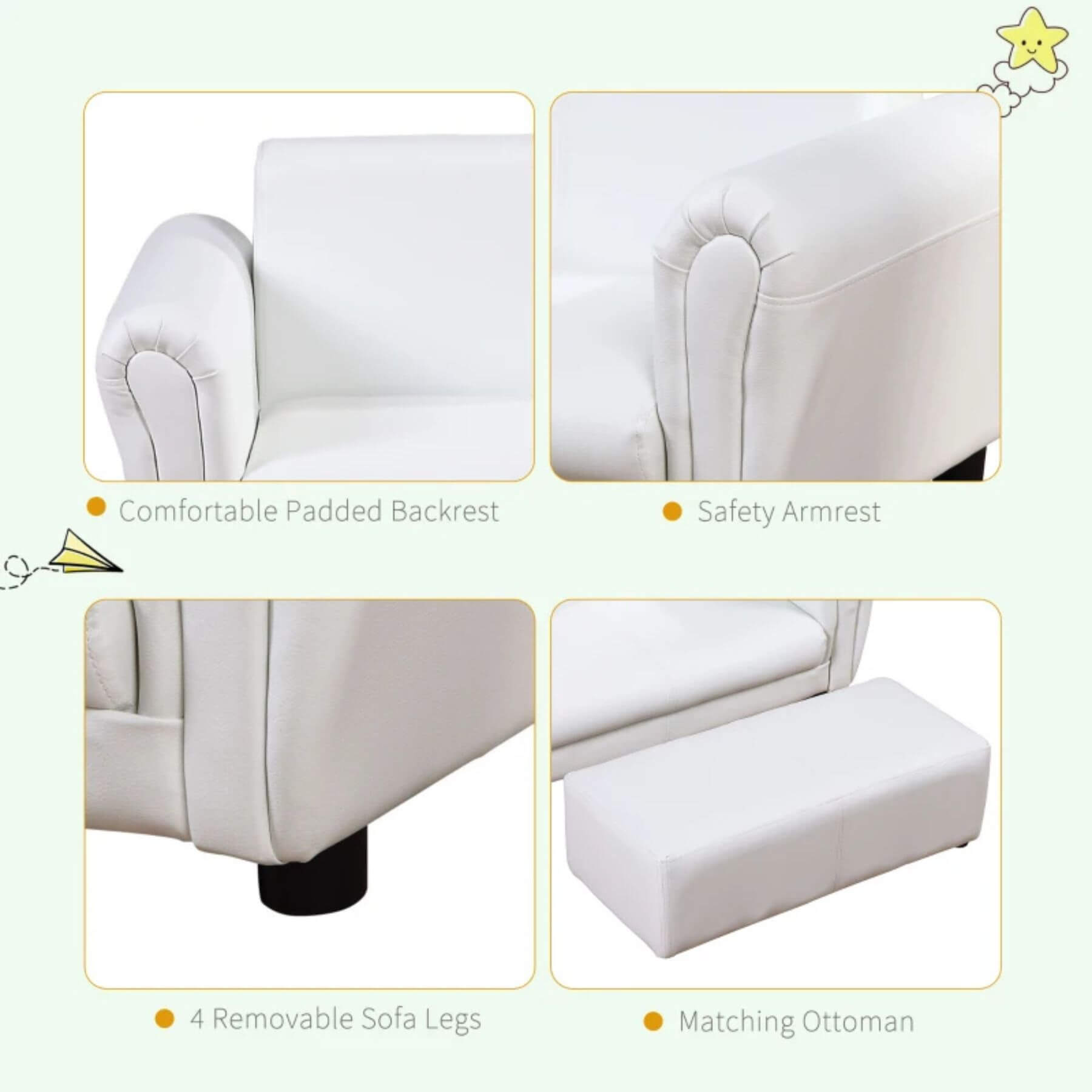 Details of Qaba Kids Sofa Set with Footstool for Toddlers and Babies, White