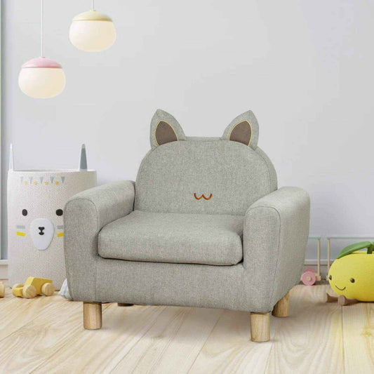 Qaba Kids Sofa with Cat Ear Backrest and Wooden Legs, Grey