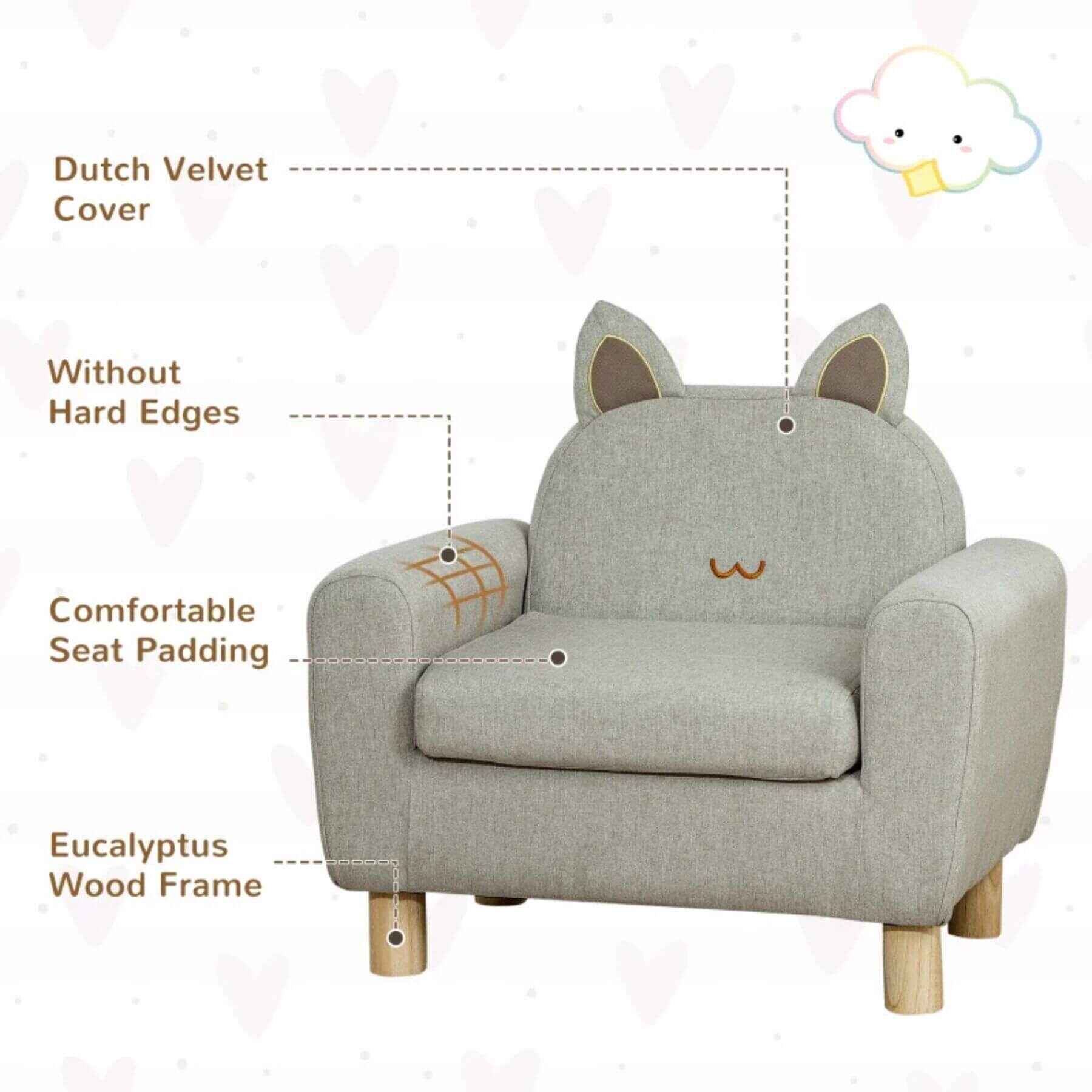 Qaba Kids Sofa with Cat Ear Backrest and Wooden Legs, Grey