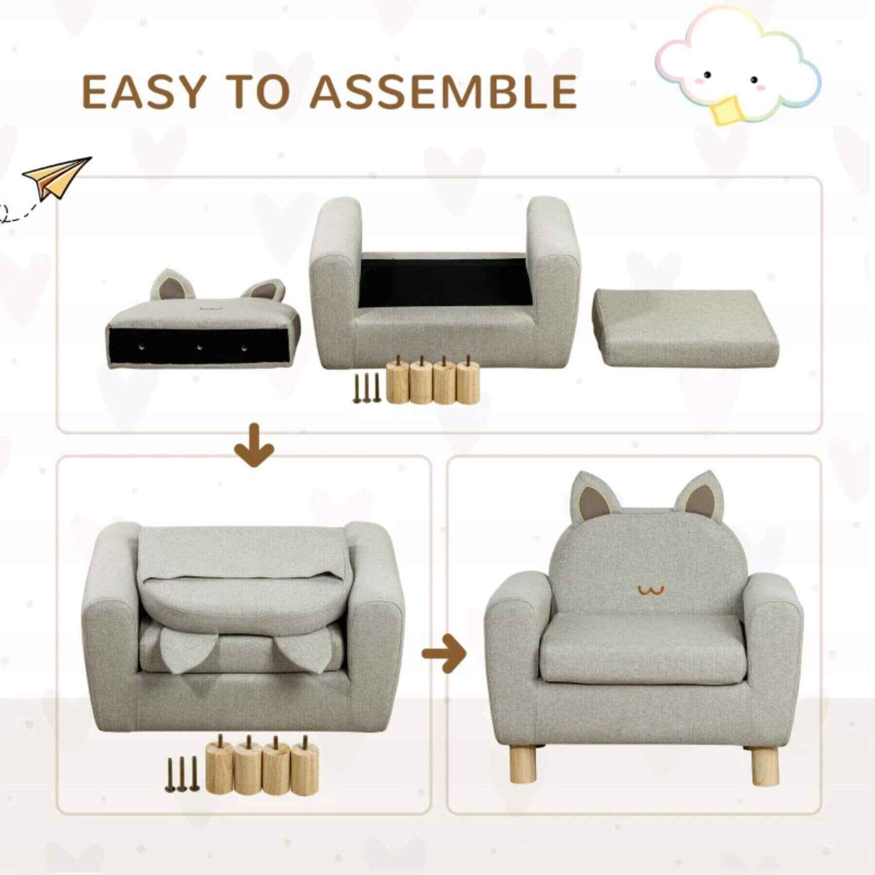 Qaba Kids Sofa with Cat Ear Backrest and Wooden Legs, Grey