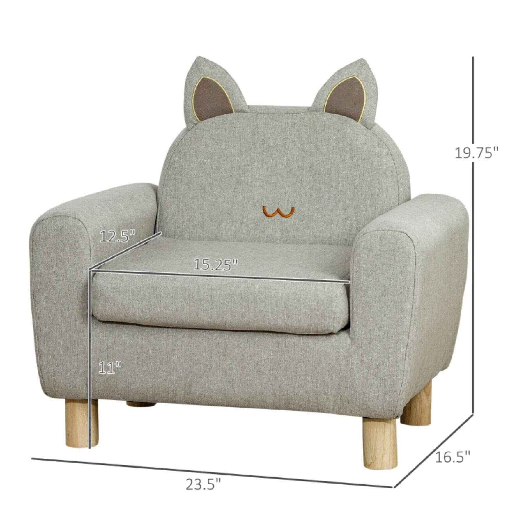 Qaba Kids Sofa with Cat Ear Backrest and Wooden Legs, Grey