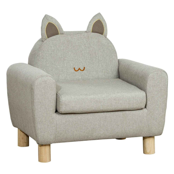 Qaba Kids Sofa with Cat Ear Backrest and Wooden Legs, Grey