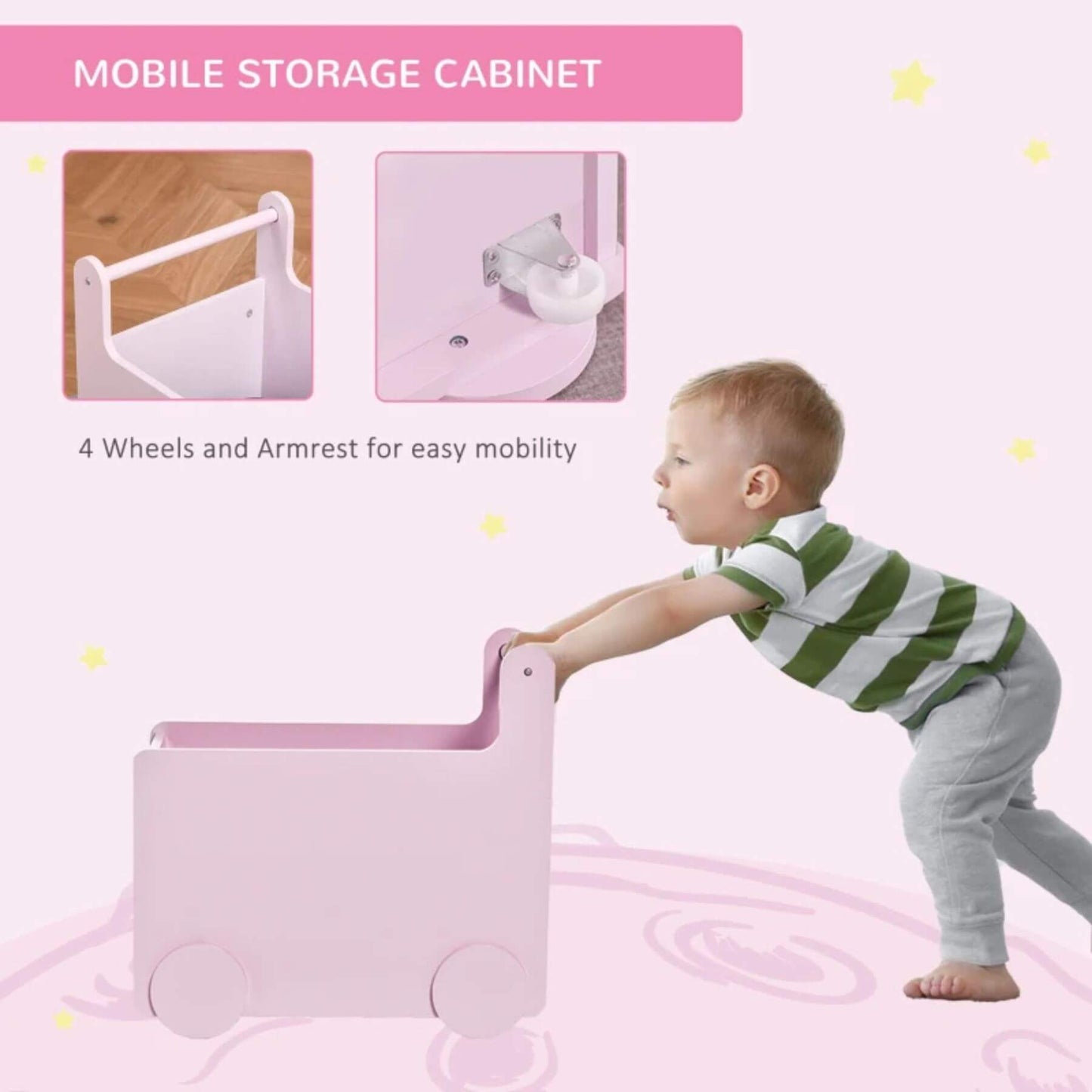 Kid Pushing Qaba's Kids' Storage Cabinet, Transport Bookshelf with Wheels Pink