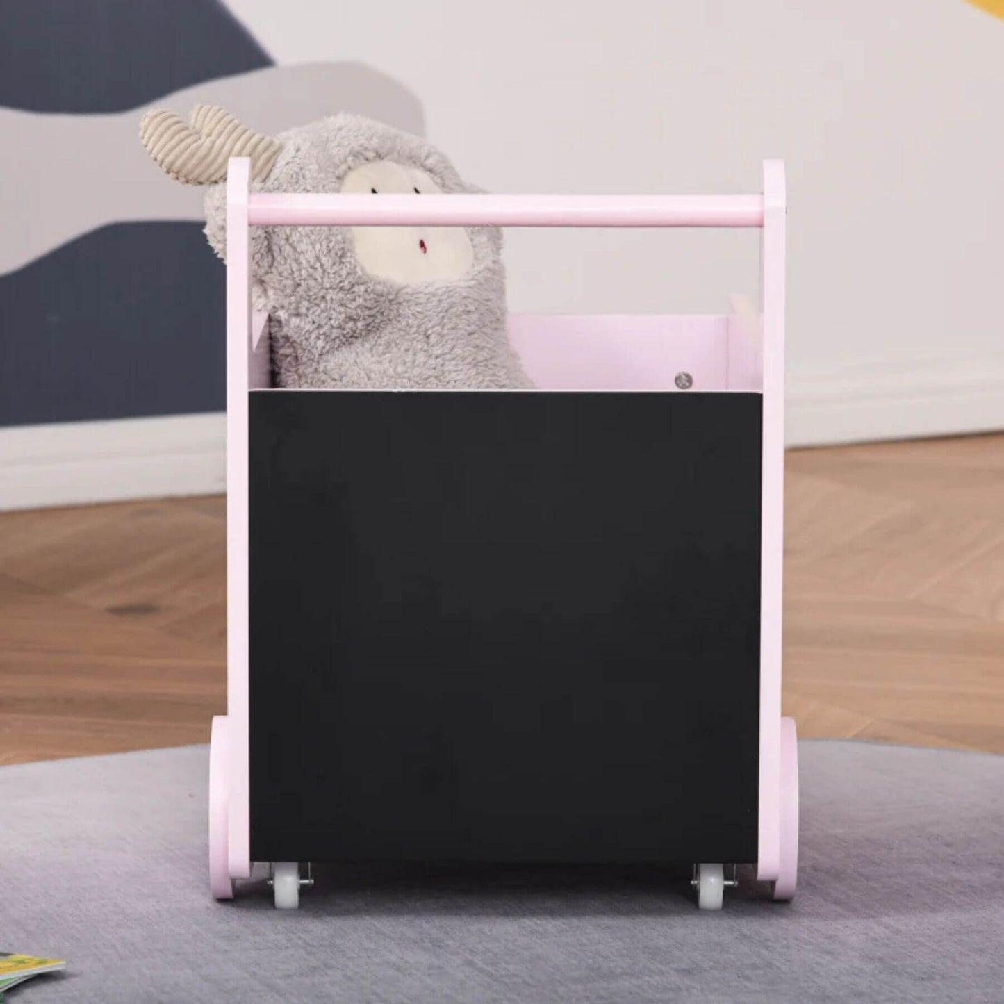 Back View of Qaba's Kids' Storage Cabinet, Transport Bookshelf with Wheels Pink