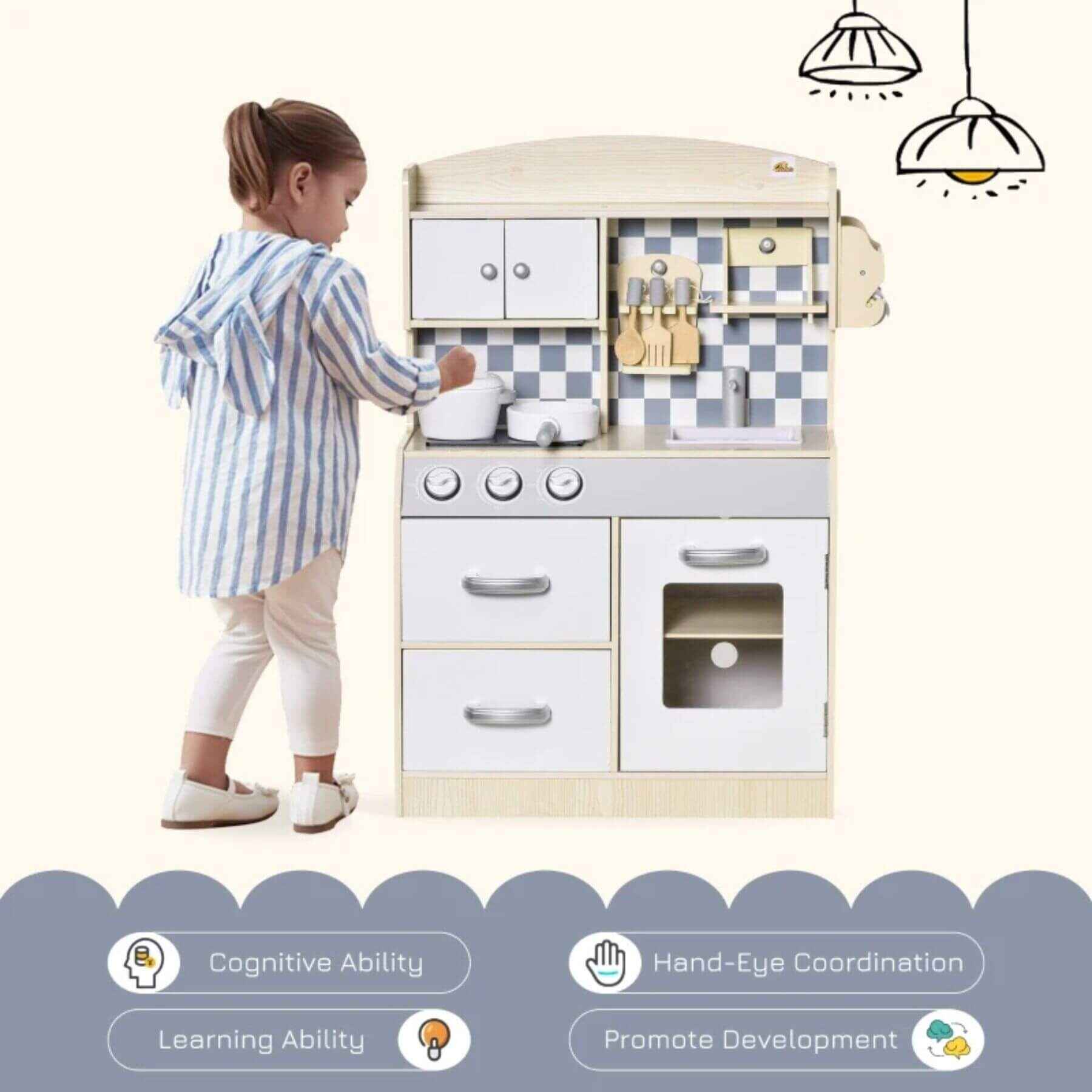 Girl Playing with Qaba Kids Wooden Play Kitchen Set, Drawers, Faucet, Sink, Pots, Natural Wood