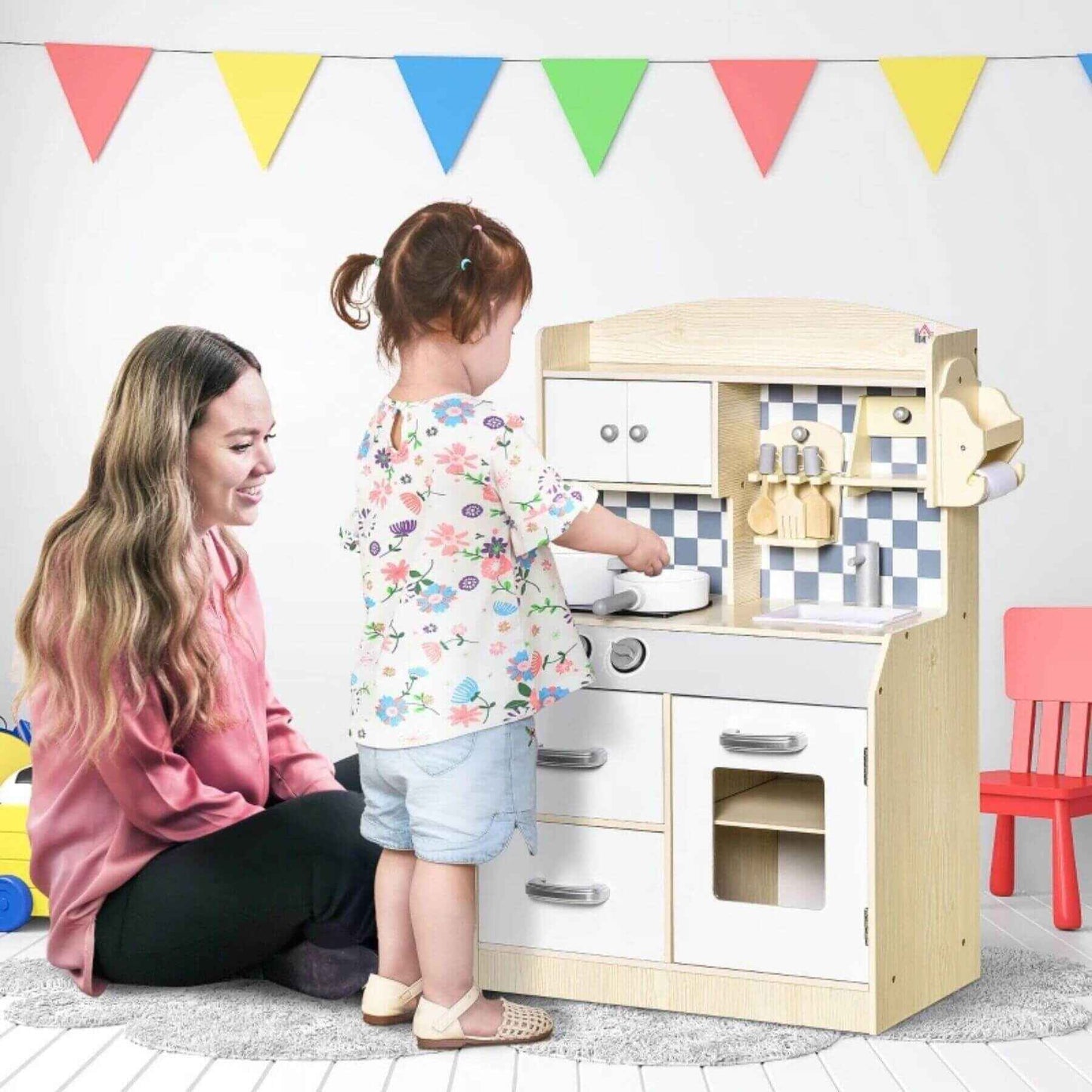 Mom & Kid Playing w/ Qaba Kids Wooden Play Kitchen Set, Drawers, Faucet, Sink, Pots, Natural Wood