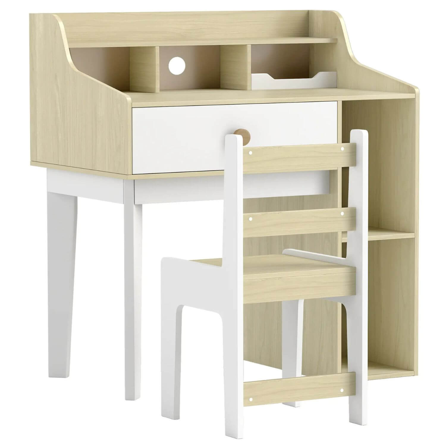 Qaba Kids Desk and Chair Set with Storage Shelves, Drawer for 3-10 Years, White