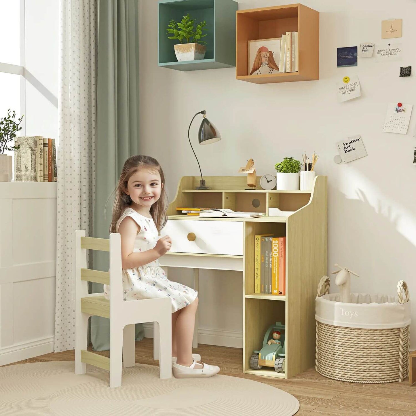 Girl Sitting at Qaba Kids Desk and Chair Set White