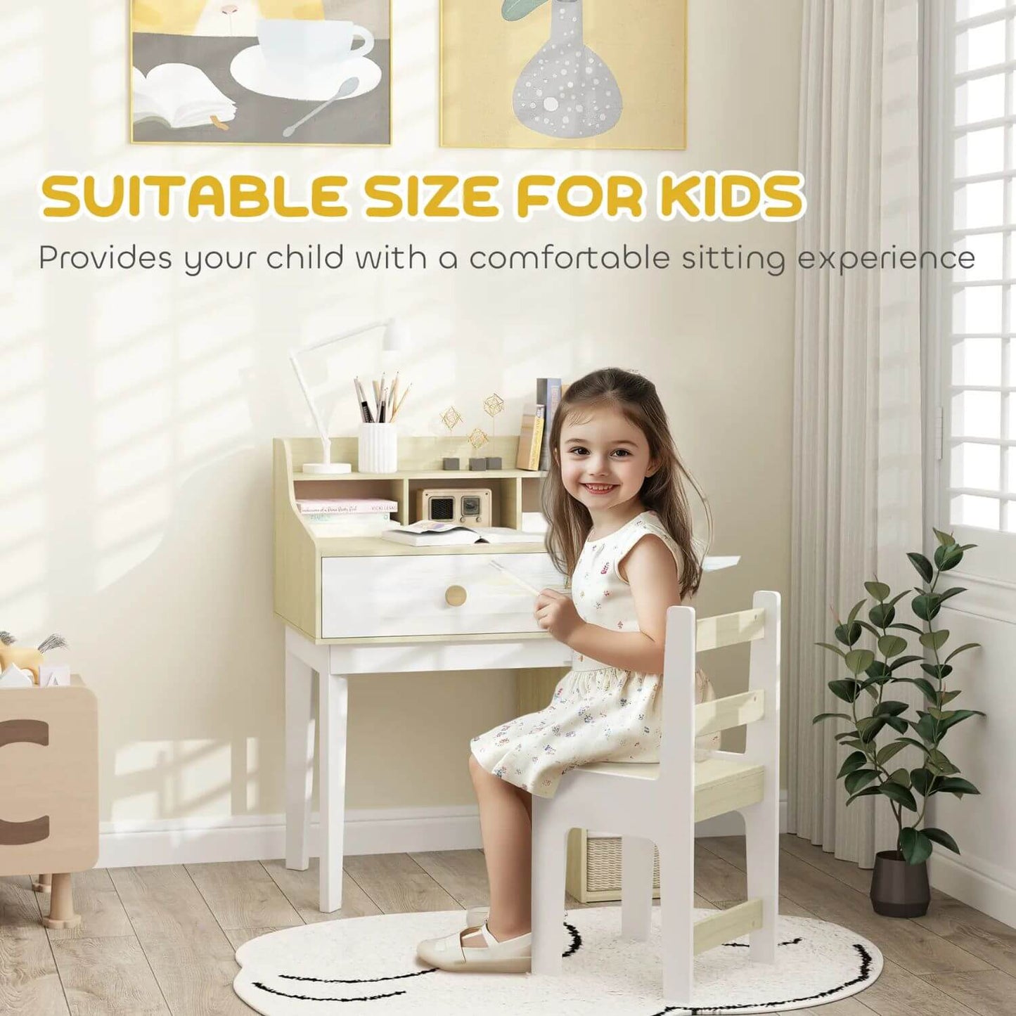 Girl Sitting at Qaba Kids Desk and Chair Set White