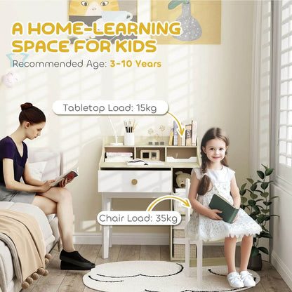 Girl Sitting at Qaba Kids Desk and Chair Set White