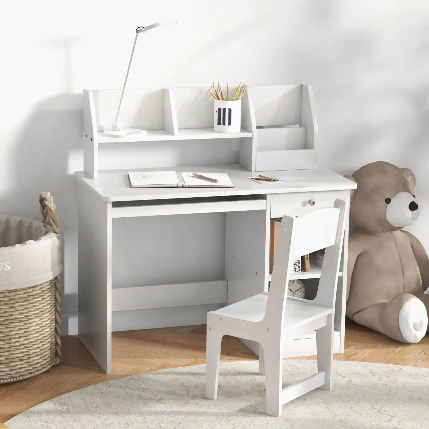 Qaba Kids Desk and Chair Set with Storage White