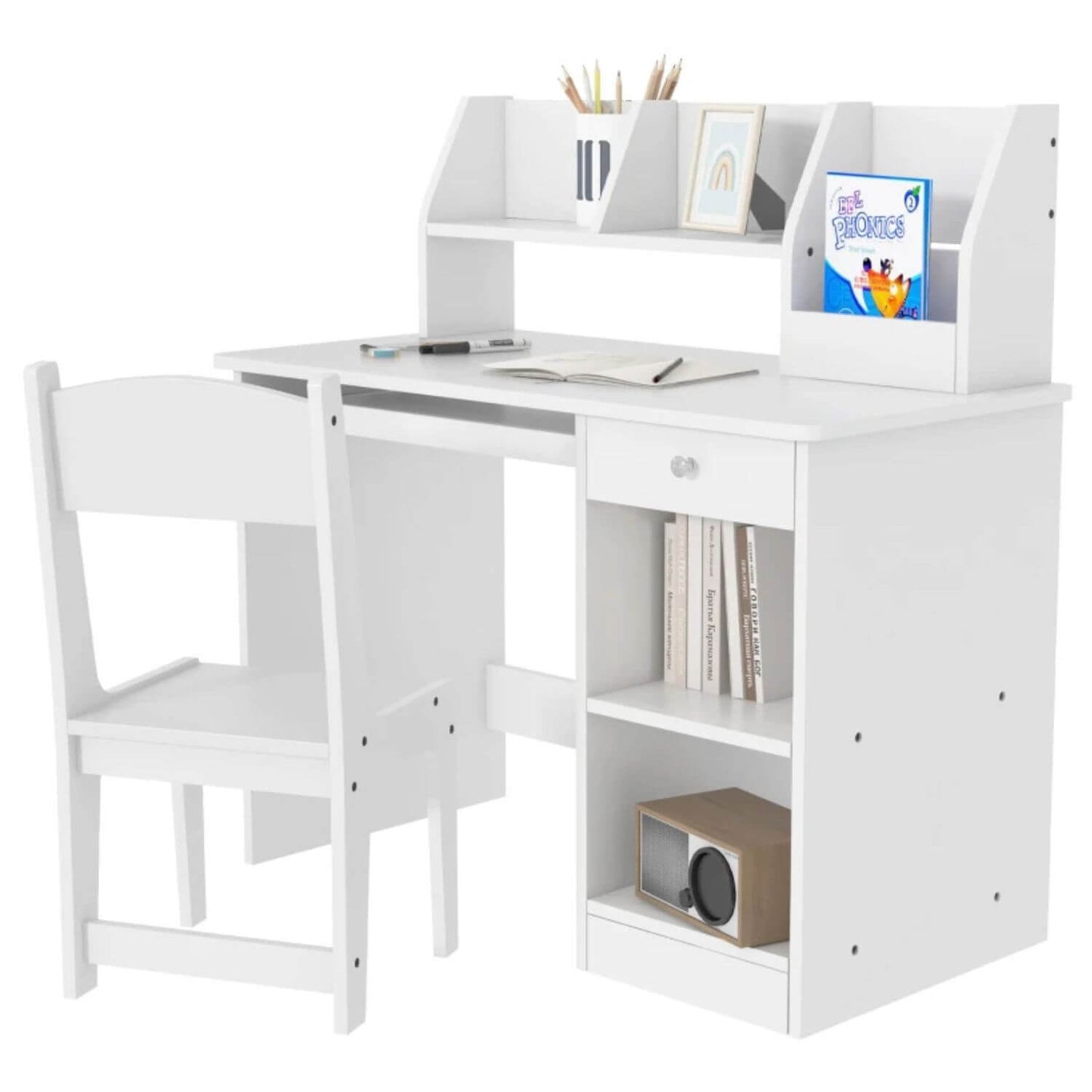 Qaba Kids Desk and Chair Set with Storage White