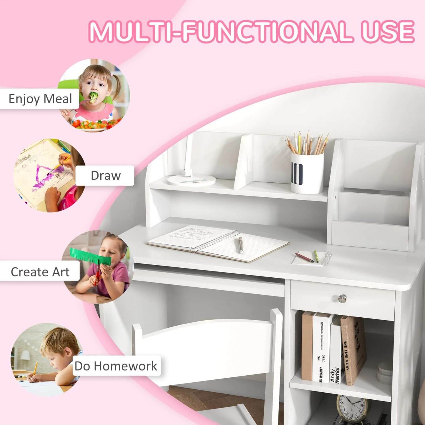 Detail of Qaba Kids Desk and Chair Set with Storage White