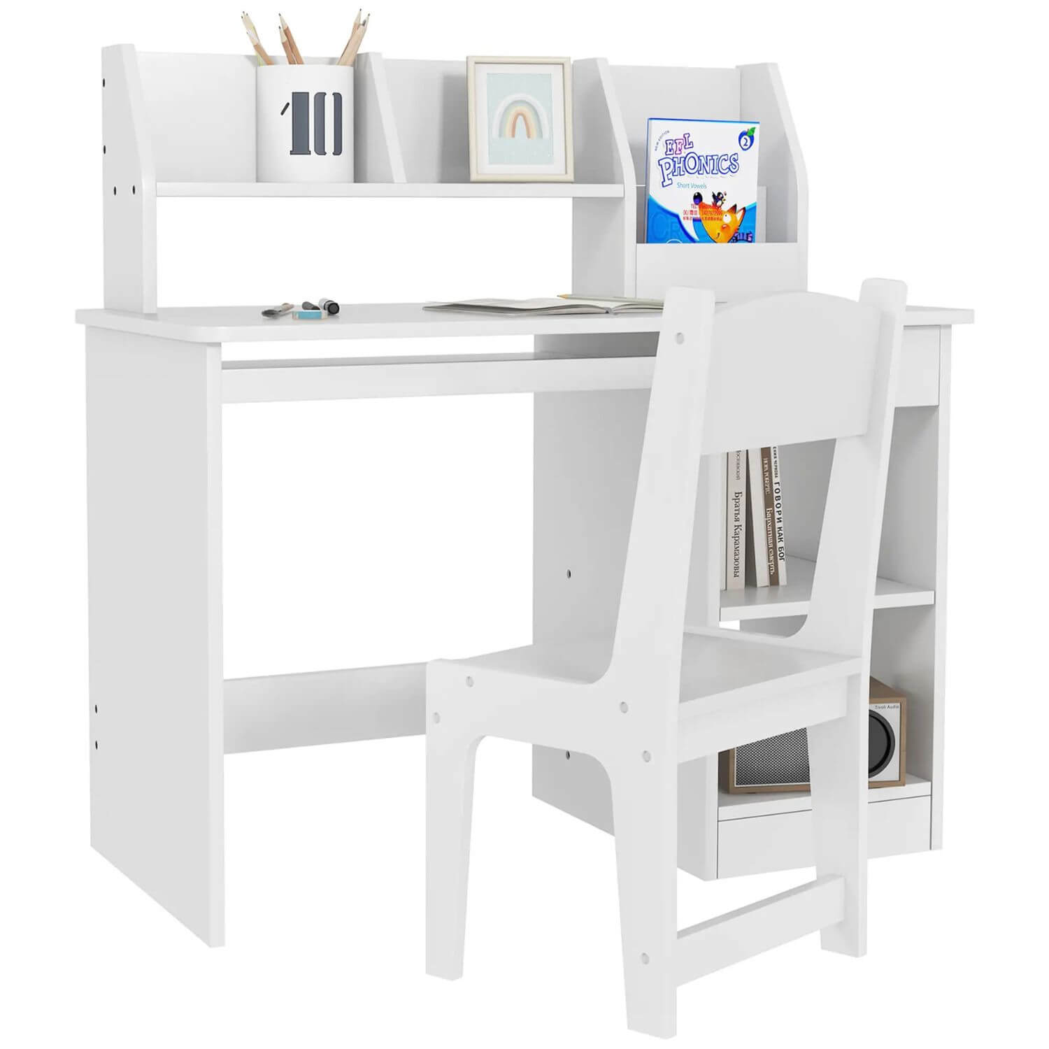 Qaba Kids Desk and Chair Set with Storage White