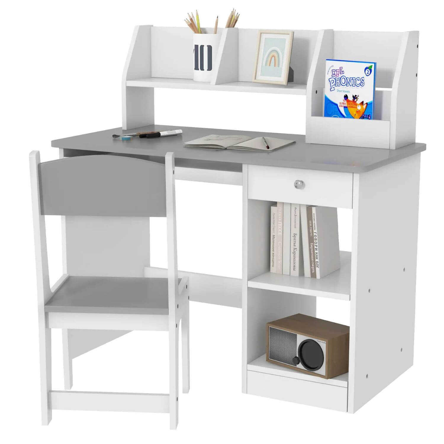 Qaba Kids Desk and Chair Set with Storage Gray