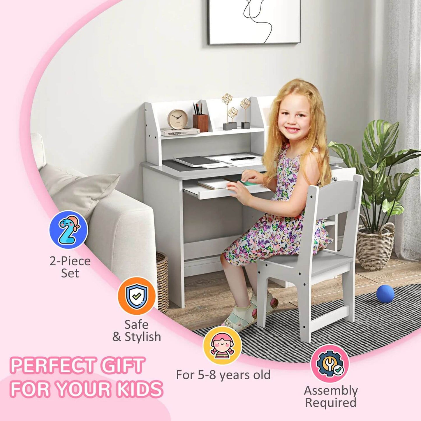 Girl Sitting at Qaba Kids Desk and Chair Set with Storage Gray