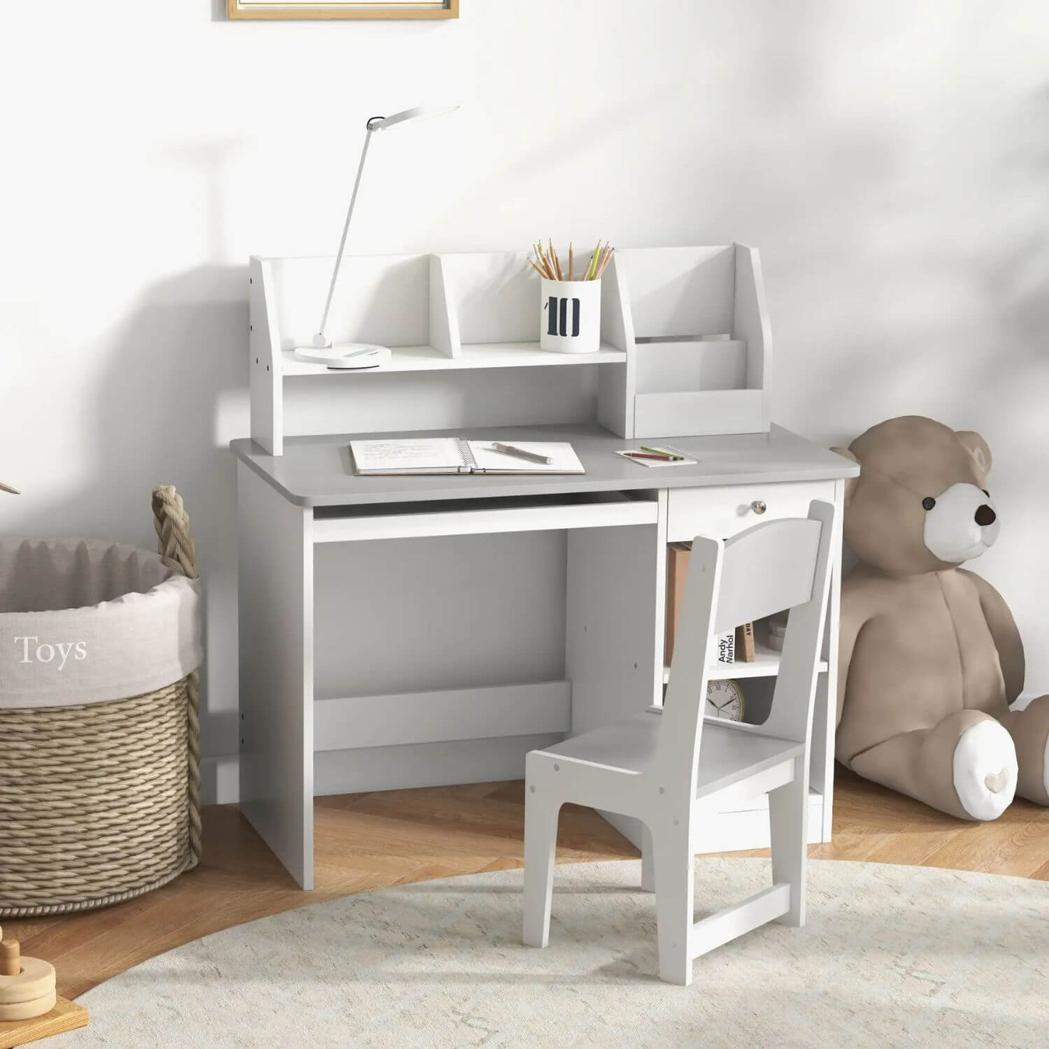 Qaba Kids Desk and Chair Set with Storage Gray