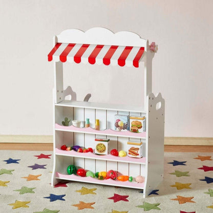 Kids Funnel 2 In 1 Pink Pretend Kitchen and Market Stall with toy food items on a star-patterned rug