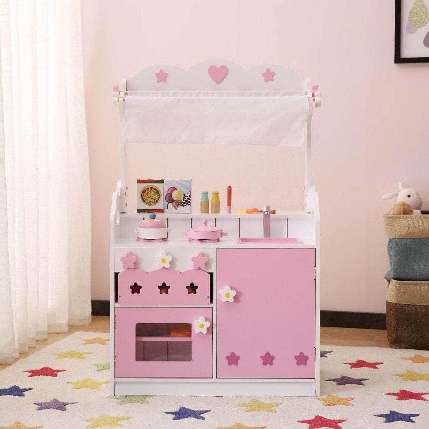 Kids Funnel 2 In 1 Pink Pretend Kitchen and Market Stall in a room setting.