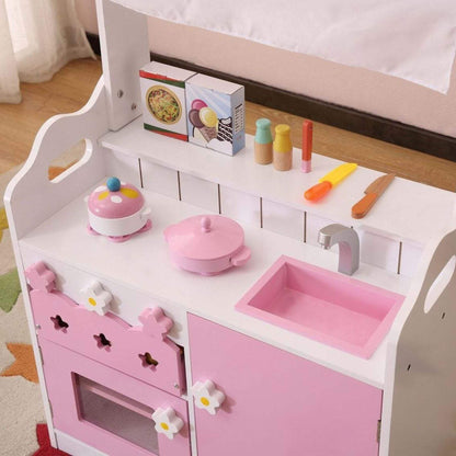 Kids Funnel 2 In 1 Pink Pretend Kitchen and Market Stall with accessories on a wooden floor.