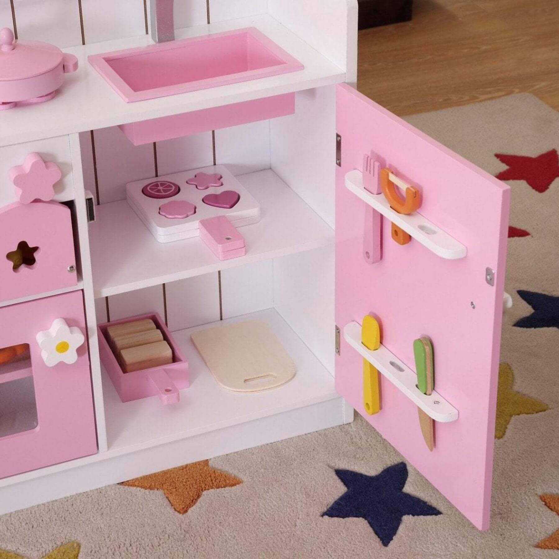 Kids Funnel 2 In 1 Pink Pretend Kitchen and Market Stall with pink and white doors open, showing toys inside.