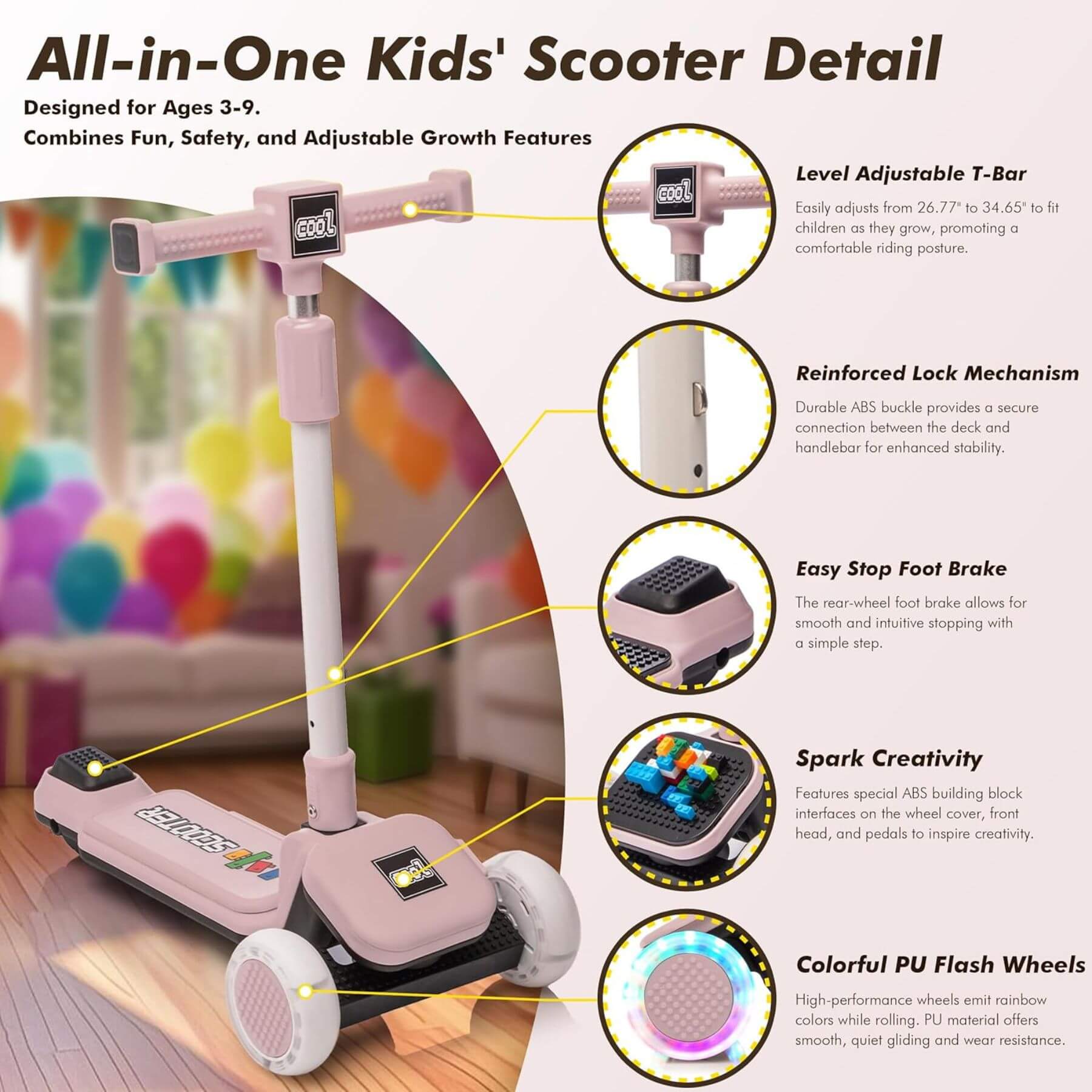 Kids Ride On 3-Wheel Scooter W/Buildable Blocks - Purple with features