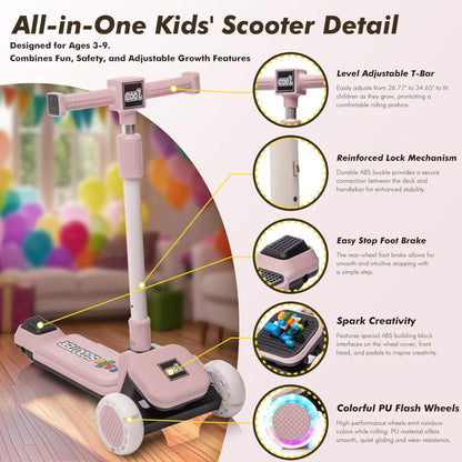 Kids Ride On 3-Wheel Scooter W/Buildable Blocks - Purple with features