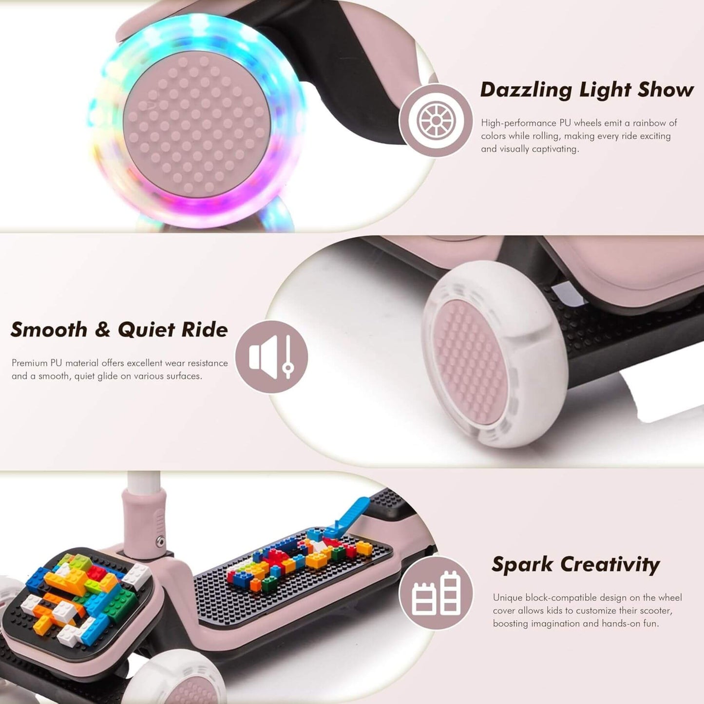 Features of Kids Ride On 3-Wheel Scooter W/Buildable Blocks - Purple