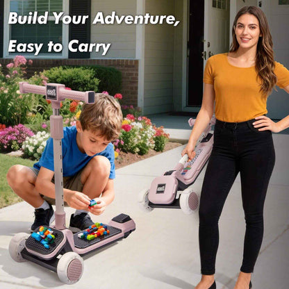 Mom & kid playing Kids Ride On 3-Wheel Scooter W/Buildable Blocks - Purple