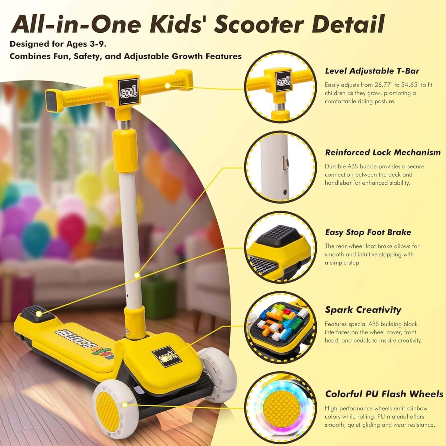 Kids Ride On 3-Wheel Scooter W/Buildable Blocks - Yellow with features