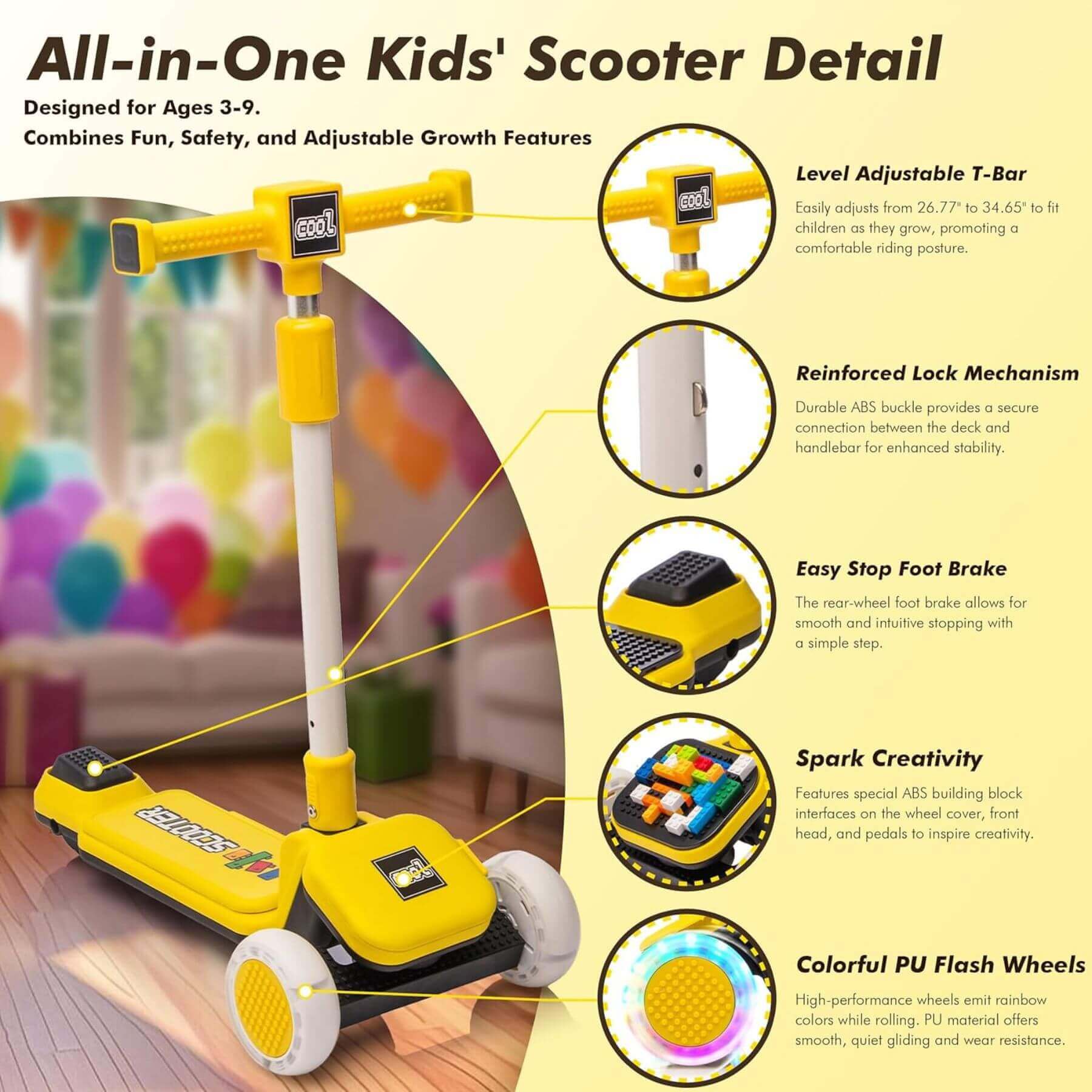 Kids Ride On 3-Wheel Scooter W/Buildable Blocks - Yellow with features