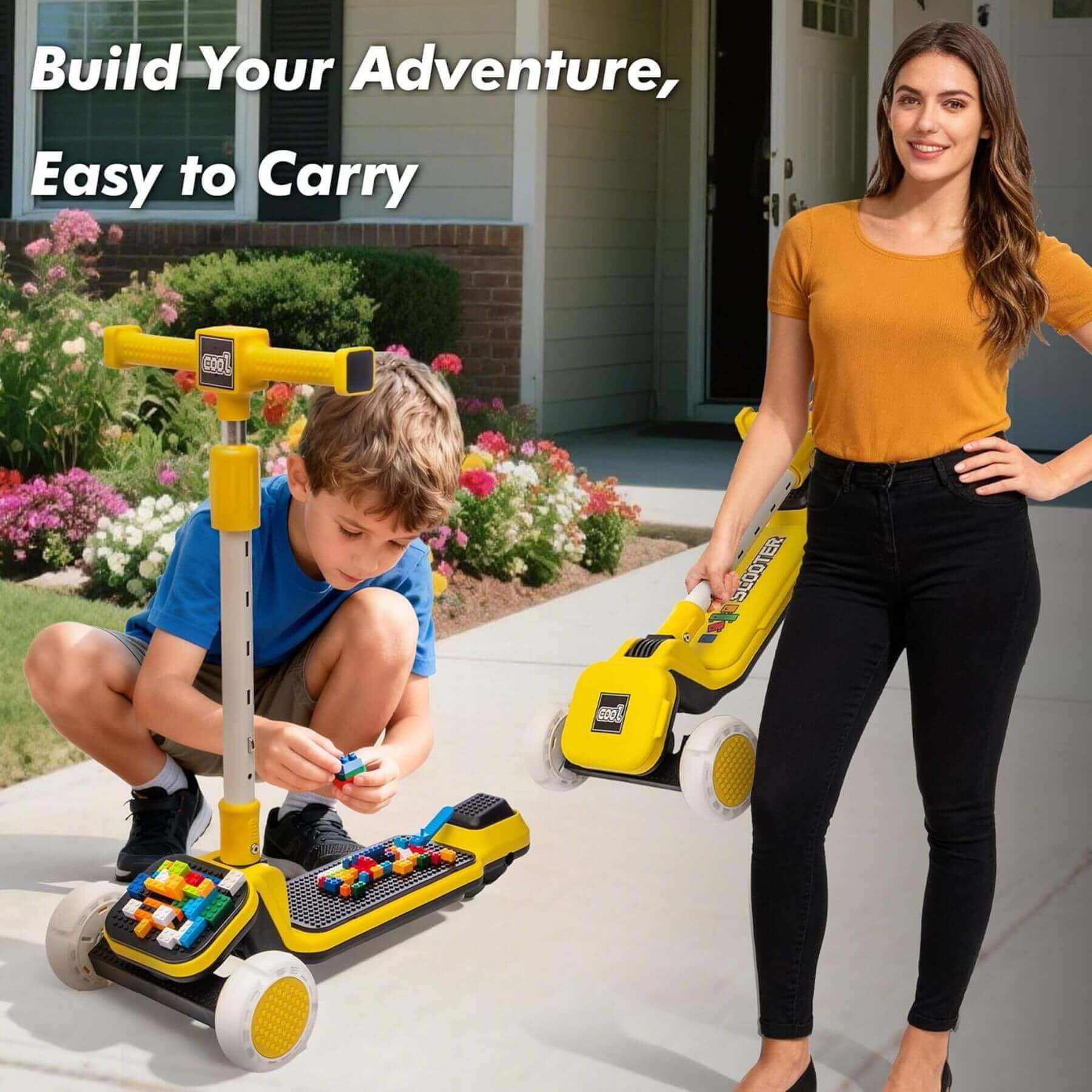 Mom & kid playing with Kids Ride On 3-Wheel Scooter W/Buildable Blocks - Yellow