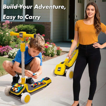 Mom & kid playing with Kids Ride On 3-Wheel Scooter W/Buildable Blocks - Yellow