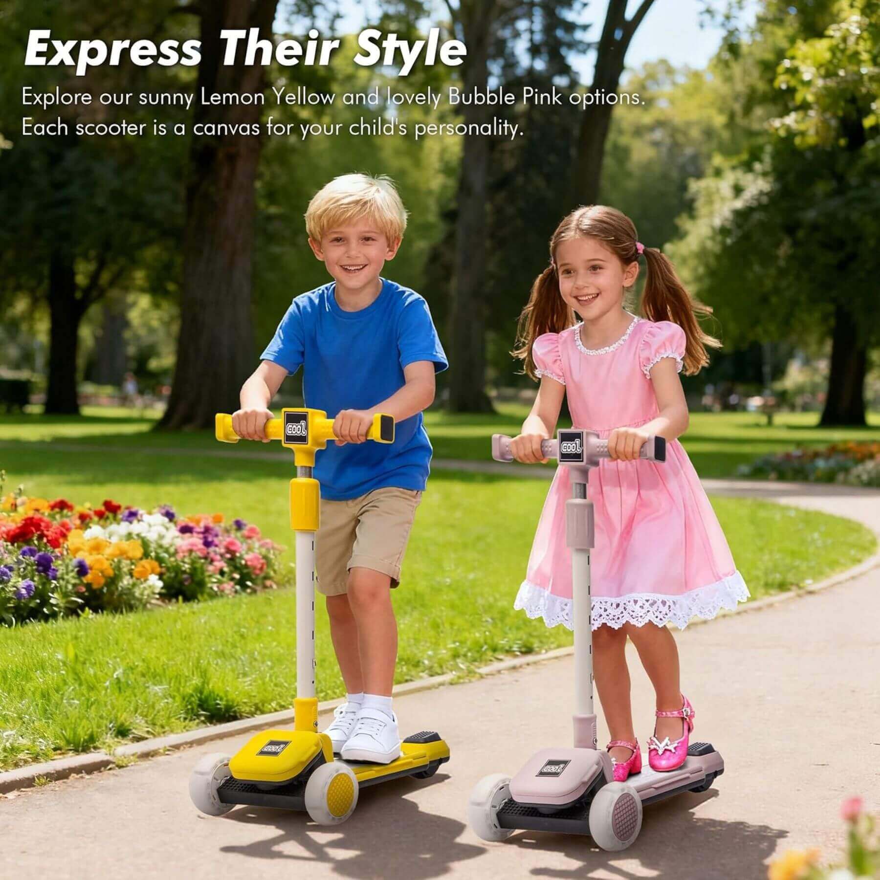 2 kids playing Kids Ride On 3-Wheel Scooter W/Buildable Blocks - Yellow