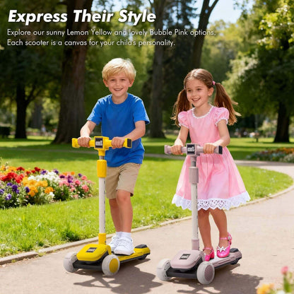 2 kids playing Kids Ride On 3-Wheel Scooter W/Buildable Blocks - Yellow