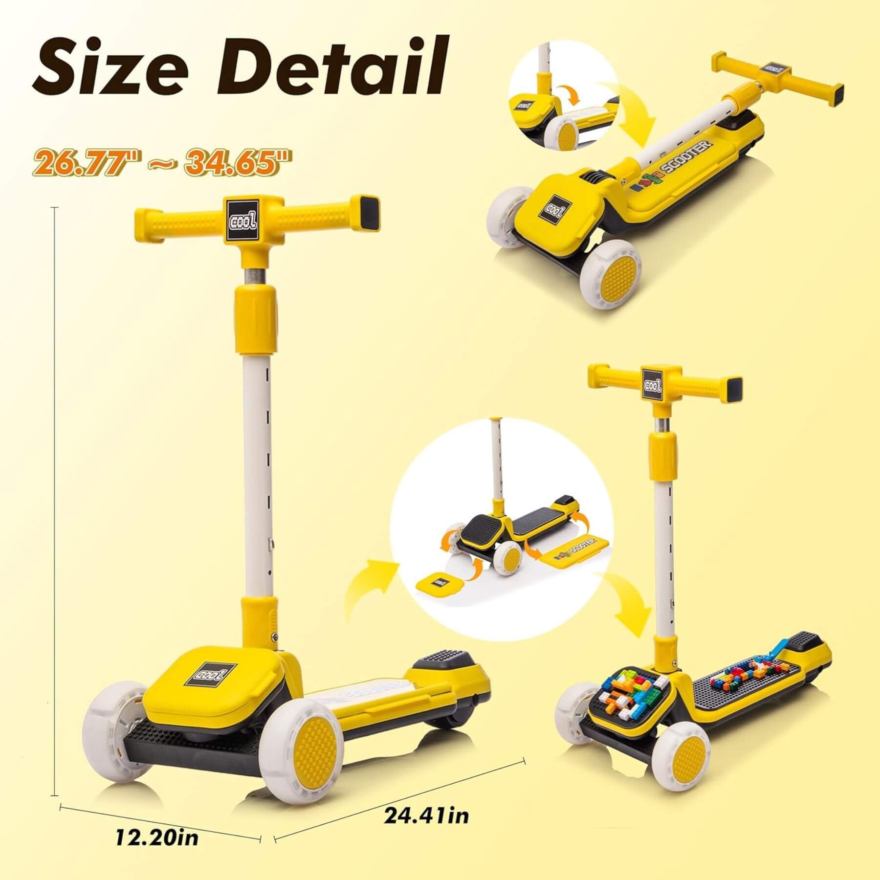 Kids Ride On 3-Wheel Scooter W/Buildable Blocks - Yellow with dimensions