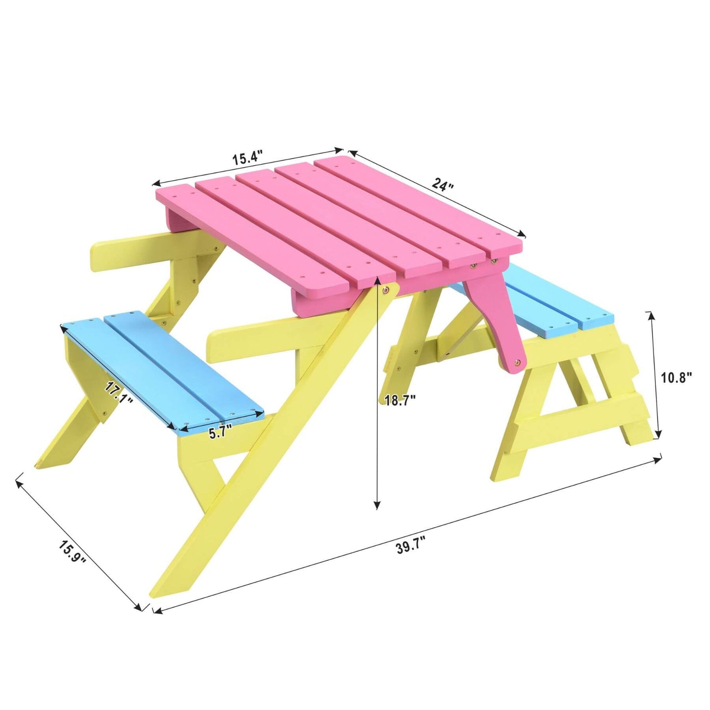 Civil HN Multifunctional Kid's Armchair, Table + 2 Benches (All-in-one) - Blue + Pink with dimensions on a white background