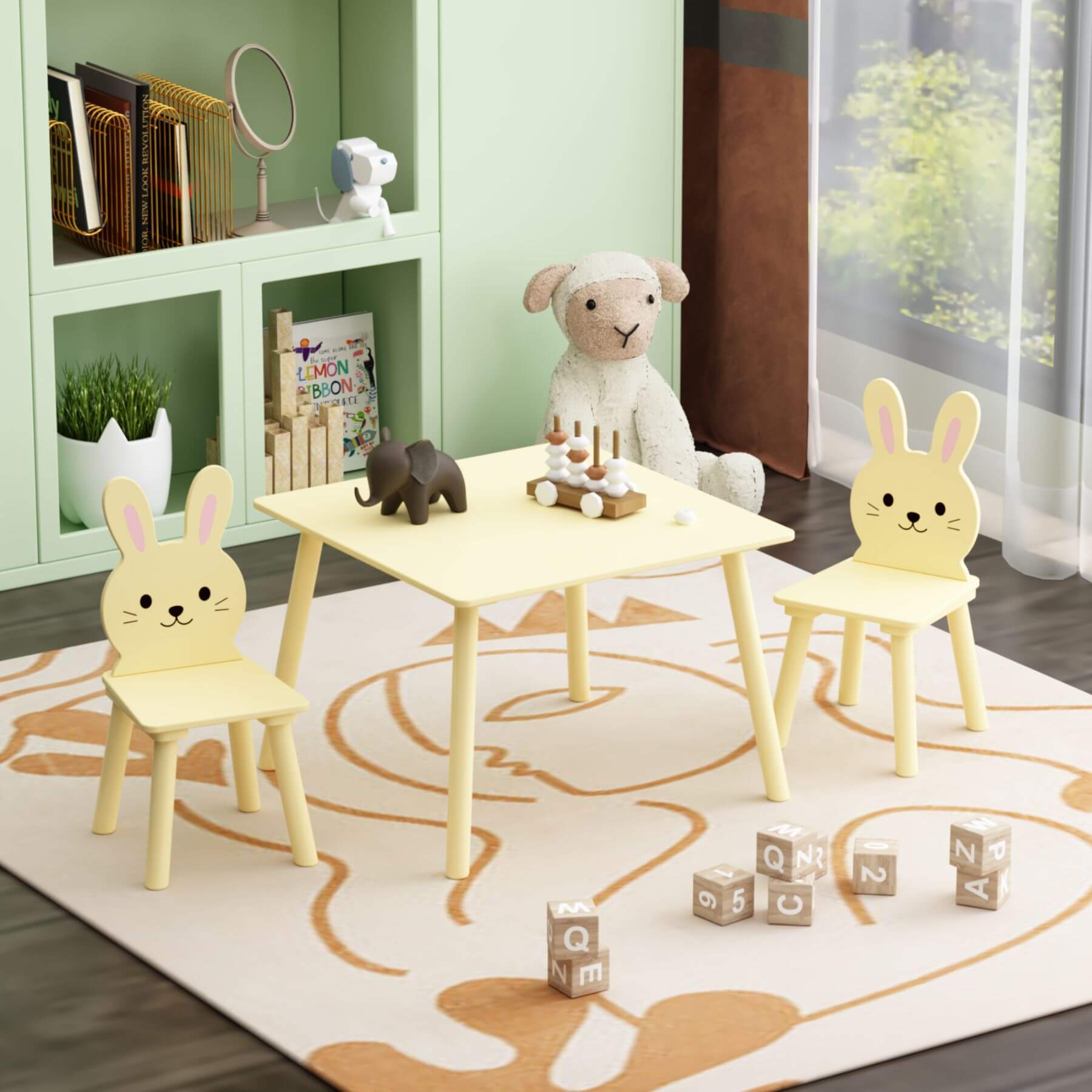 Children's playroom with MOONRIVER Kids Table and Chair Set with 2 Bunny Chairs - Cream Yellow on a rug.