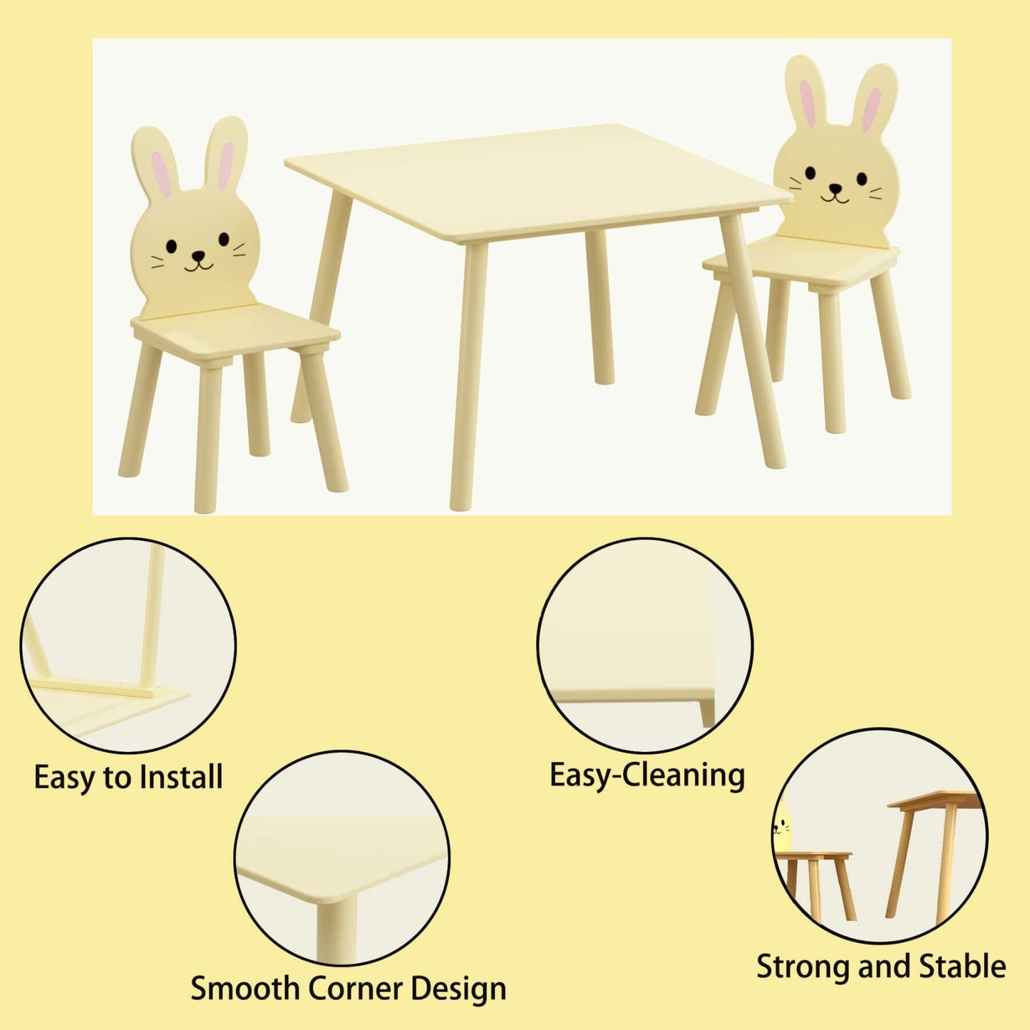 MOONRIVER Kids Table and Chair Set with 2 Bunny Chairs - Cream Yellow on a yellow background