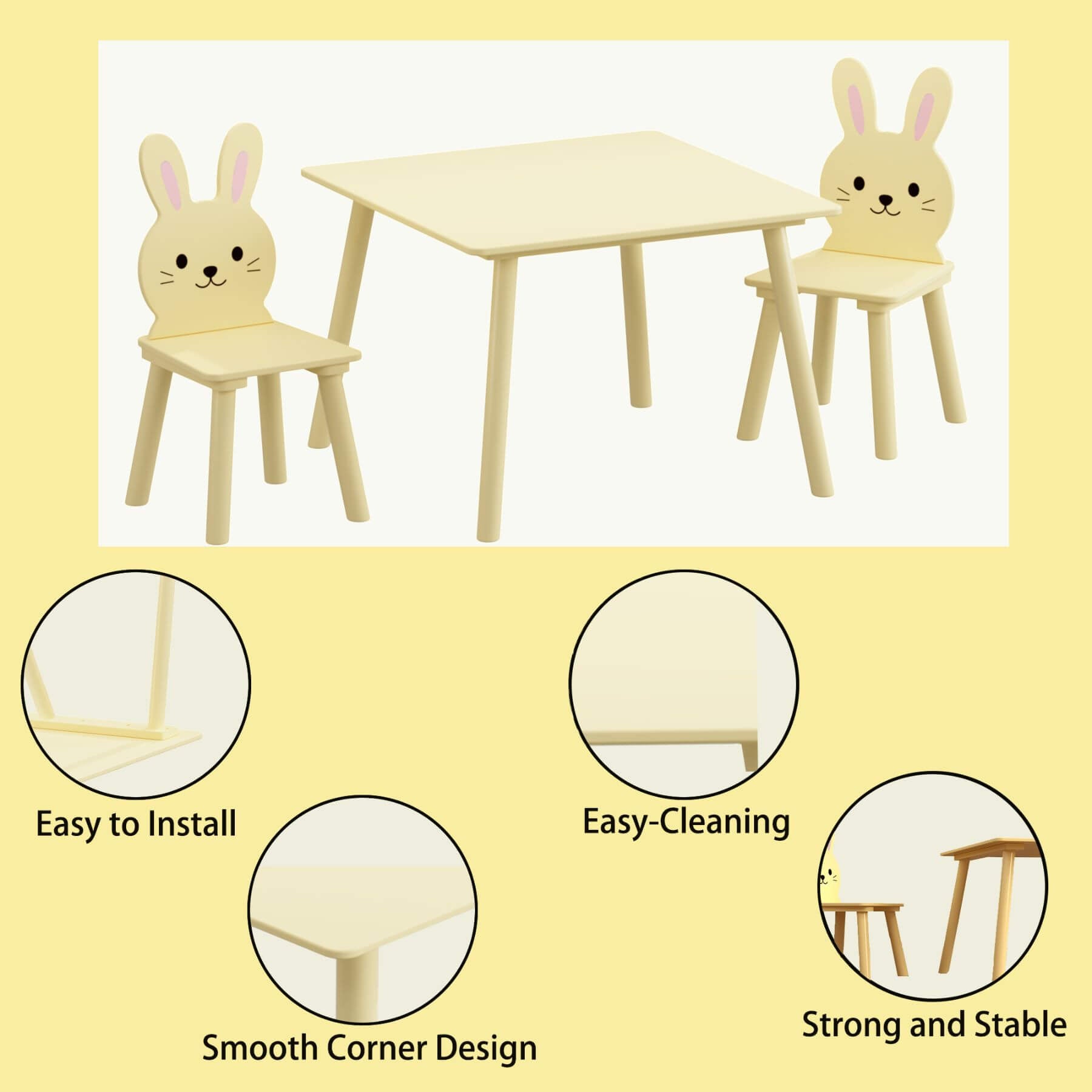 MOONRIVER Kids Table and Chair Set with 2 Bunny Chairs - Cream Yellow on a yellow background