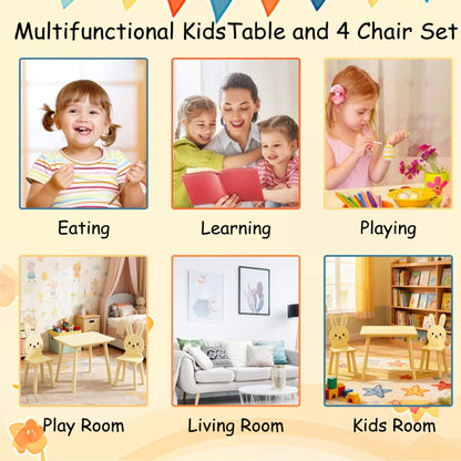 Multifunctional kids table and chair set with various usage scenarios on a yellow background.