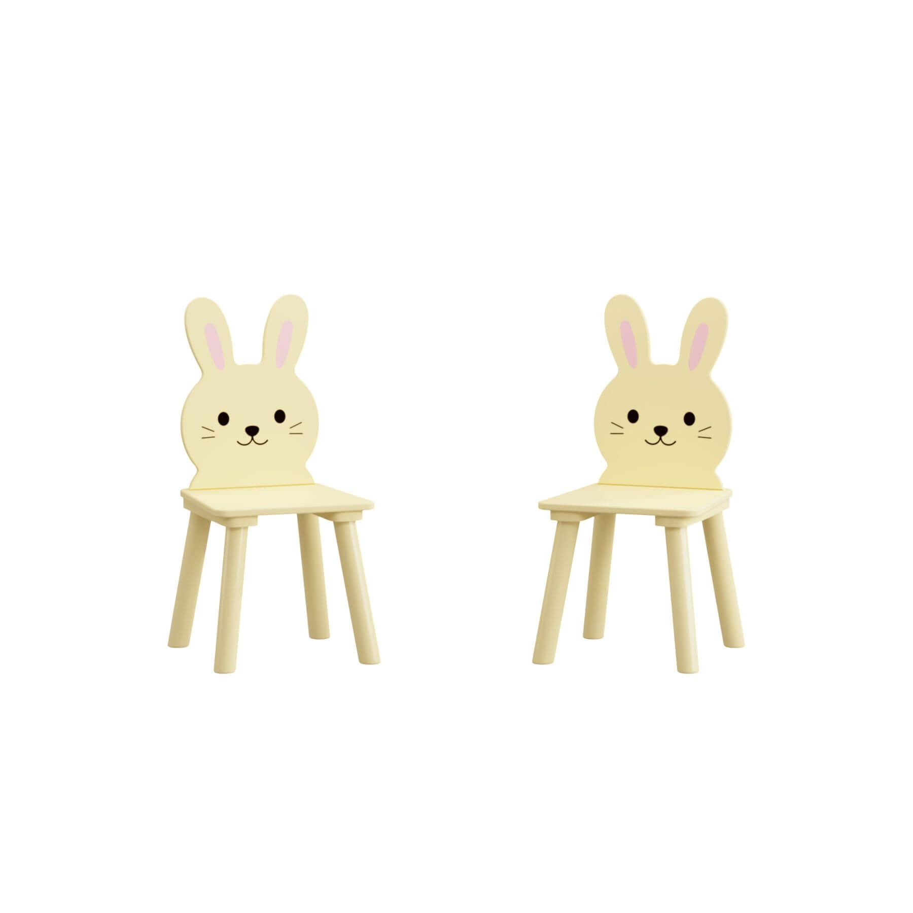 Two children's chairs with bunny faces on a white background