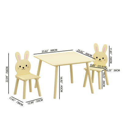 MOONRIVER Kids Table and Chair Set with 2 Bunny Chairs - Cream Yellow, shown with dimensions on a white background.