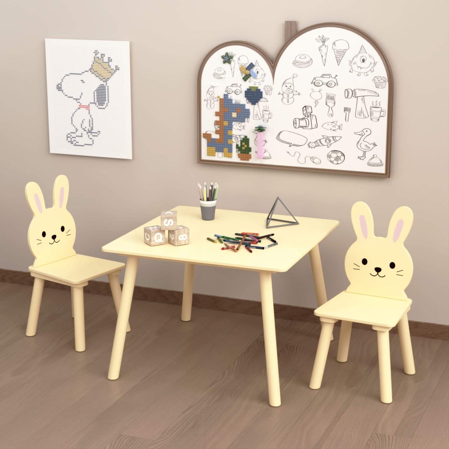 MOONRIVER Kids Table and Chair Set with 2 Bunny Chairs - Cream Yellow with crayons and coloring books in a room setting.