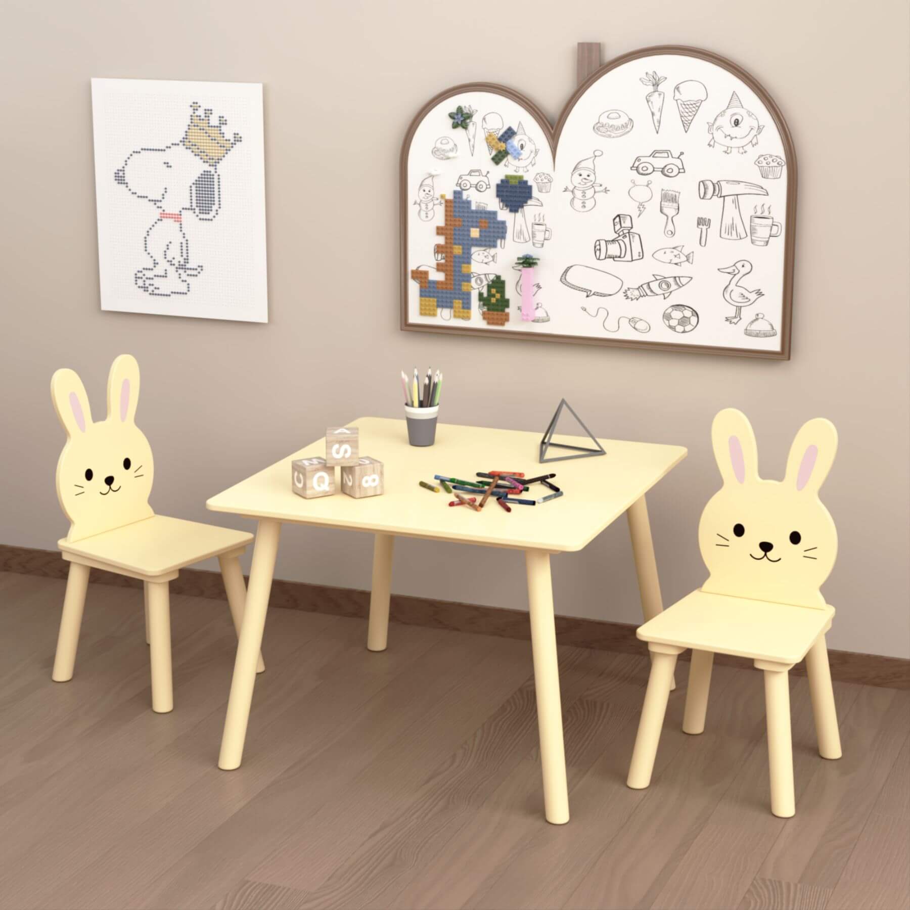 MOONRIVER Kids Table and Chair Set with 2 Bunny Chairs - Cream Yellow with crayons and coloring books in a room setting.