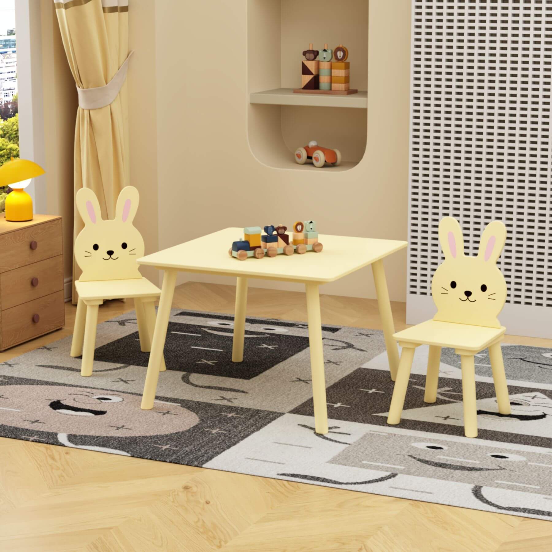 MOONRIVER Kids Table and Chair Set with 2 Bunny Chairs - Cream Yellow in a room setting.
