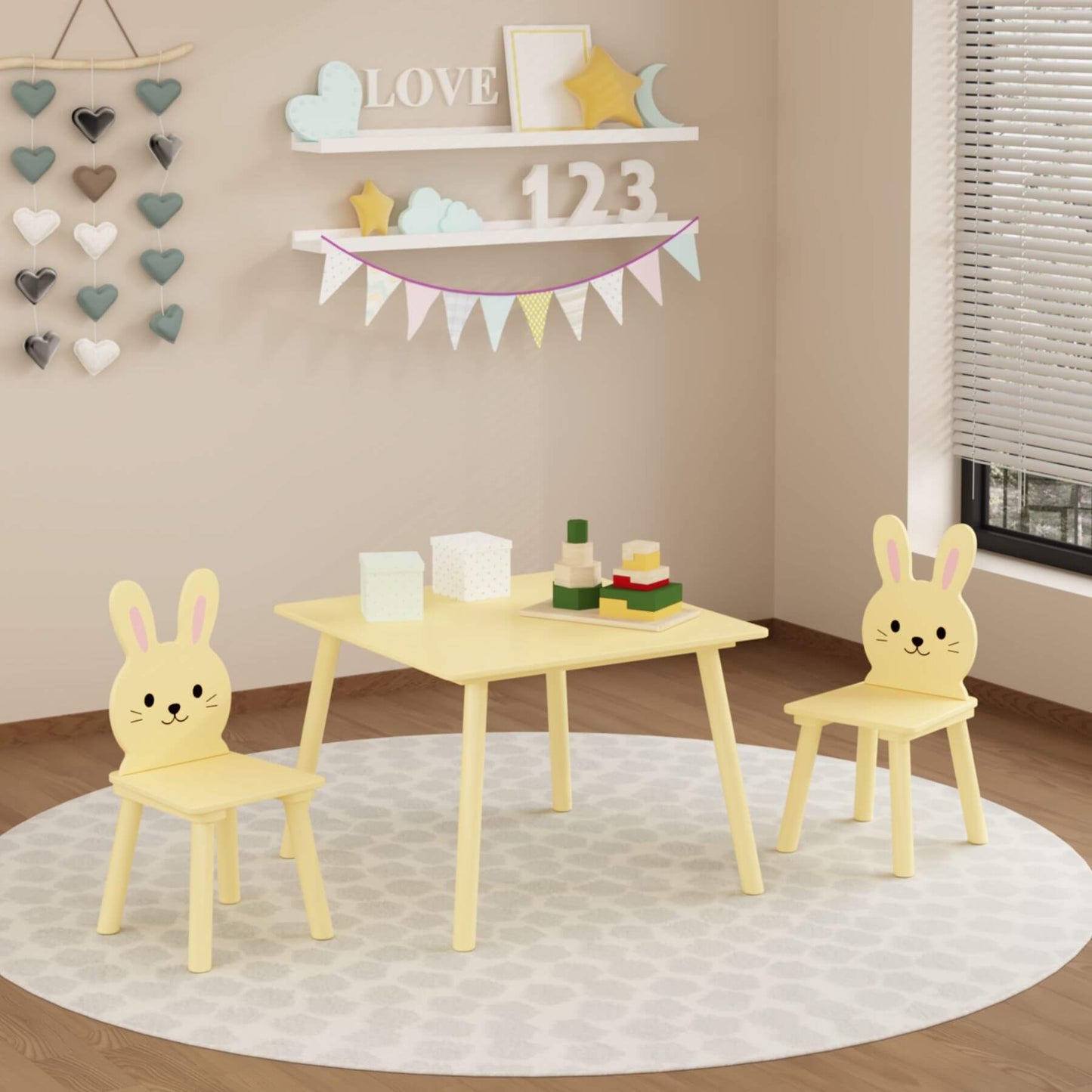 MOONRIVER Kids Table and Chair Set with 2 Bunny Chairs - Cream Yellow in a playroom setting.